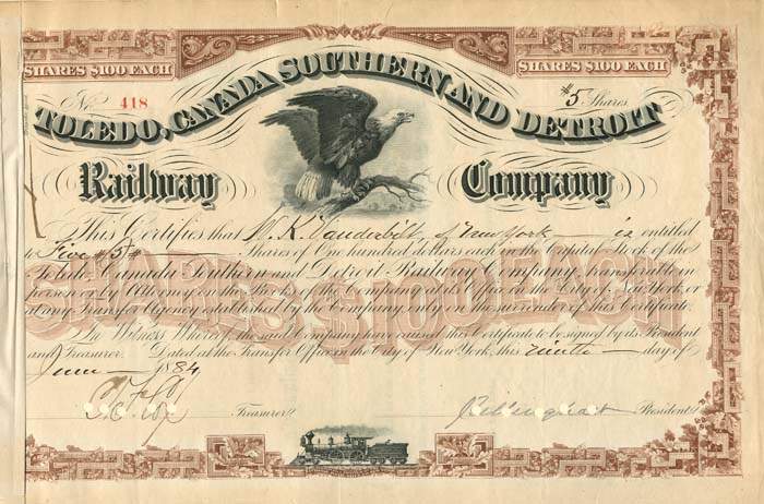 Toledo, Canada Southern and Detroit Railway Co. signed by William K. Vanderbilt